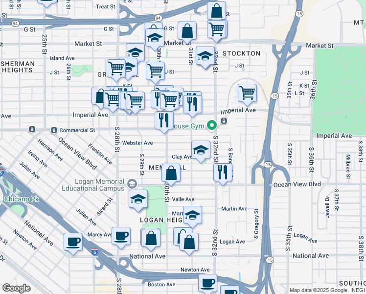 map of restaurants, bars, coffee shops, grocery stores, and more near 3094 Webster Avenue in San Diego