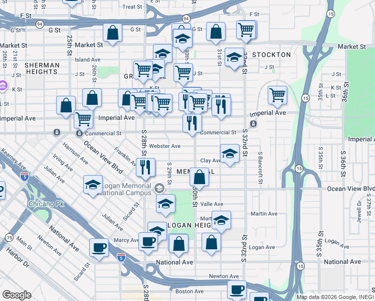 map of restaurants, bars, coffee shops, grocery stores, and more near 2958 Webster Avenue in San Diego