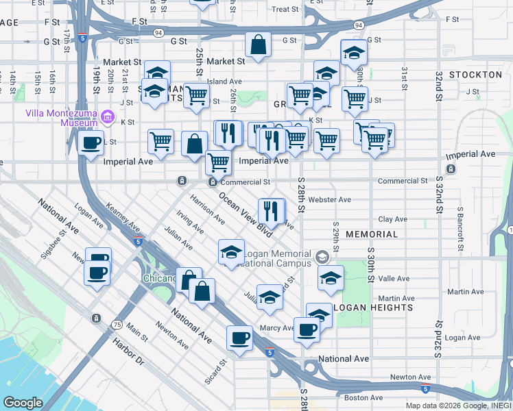 map of restaurants, bars, coffee shops, grocery stores, and more near 2076 Franklin Avenue in San Diego