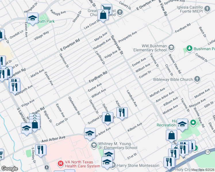 map of restaurants, bars, coffee shops, grocery stores, and more near 2511 Exeter Avenue in Dallas