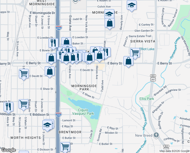 map of restaurants, bars, coffee shops, grocery stores, and more near 3208 Illinois Avenue in Fort Worth