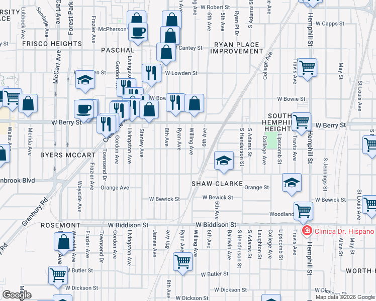 map of restaurants, bars, coffee shops, grocery stores, and more near 3137 Ryan Avenue in Fort Worth