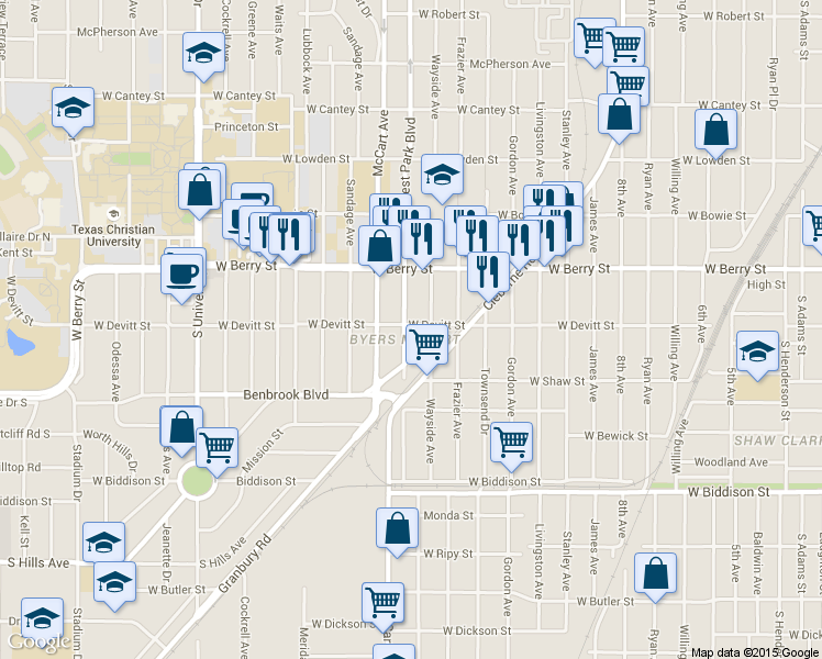 map of restaurants, bars, coffee shops, grocery stores, and more near 3140 Wayside Avenue in Fort Worth