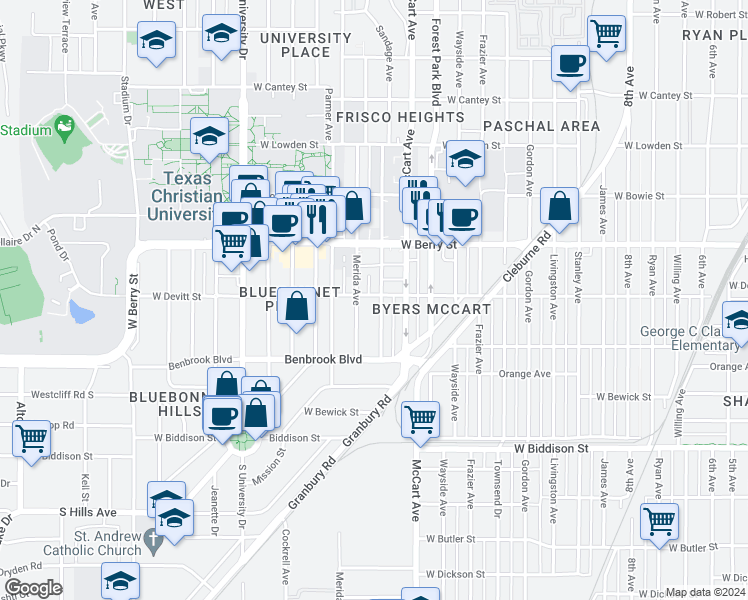 map of restaurants, bars, coffee shops, grocery stores, and more near 3140 Sandage Avenue in Fort Worth