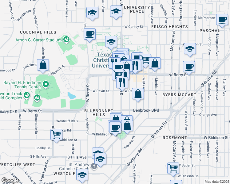 map of restaurants, bars, coffee shops, grocery stores, and more near 3144 Rogers Avenue in Fort Worth