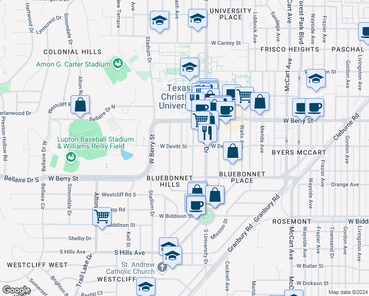 map of restaurants, bars, coffee shops, grocery stores, and more near 3144 Rogers Avenue in Fort Worth