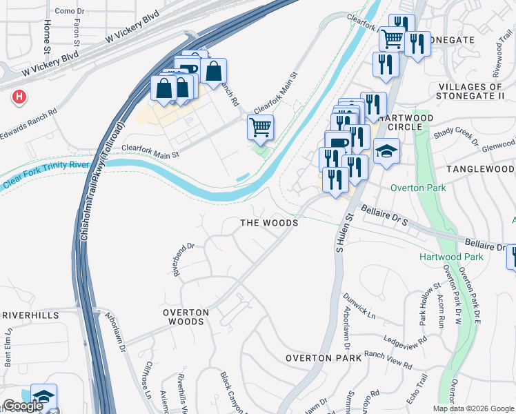 map of restaurants, bars, coffee shops, grocery stores, and more near 4700 Shady Ridge Court in Fort Worth