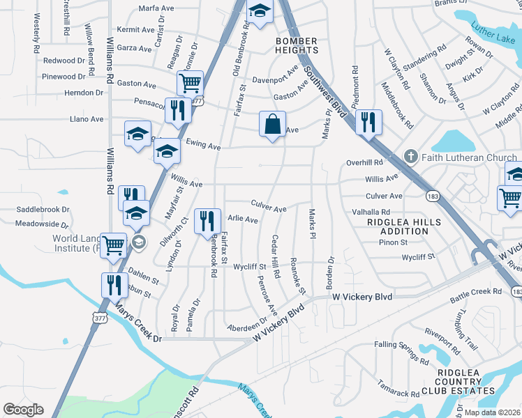 map of restaurants, bars, coffee shops, grocery stores, and more near 4713 Penrose Avenue in Fort Worth