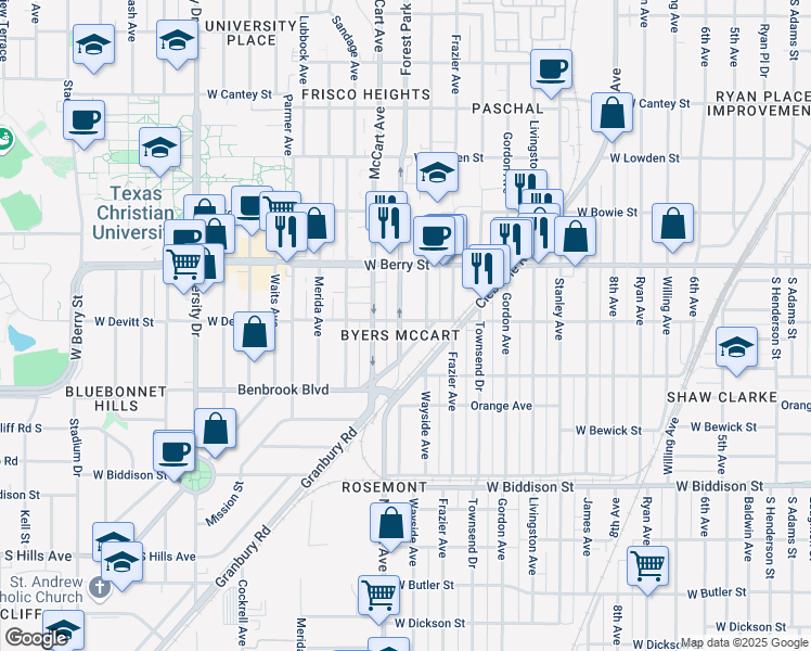 map of restaurants, bars, coffee shops, grocery stores, and more near 3140 Wayside Avenue in Fort Worth