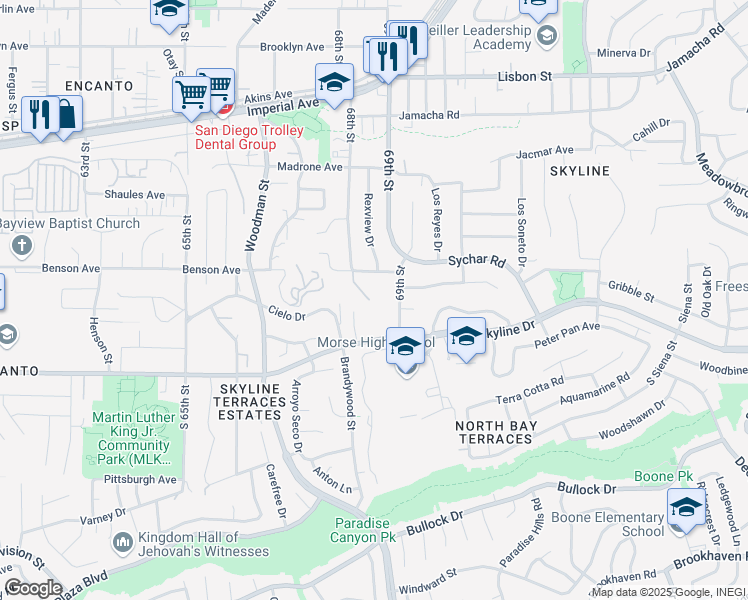 map of restaurants, bars, coffee shops, grocery stores, and more near 8585 Encinitas Way in San Diego