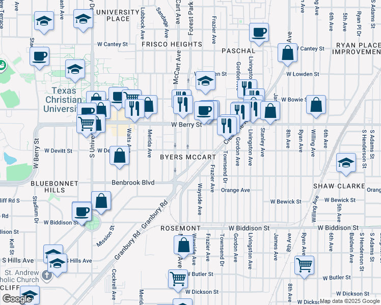 map of restaurants, bars, coffee shops, grocery stores, and more near 3140 Wayside Avenue in Fort Worth