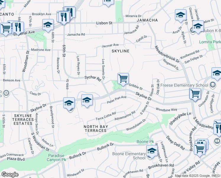 map of restaurants, bars, coffee shops, grocery stores, and more near 7222 Skyline Drive in San Diego