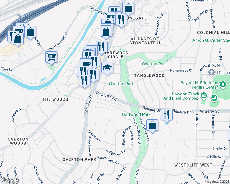 map of restaurants, bars, coffee shops, grocery stores, and more near 4312 Bellaire Drive South in Fort Worth