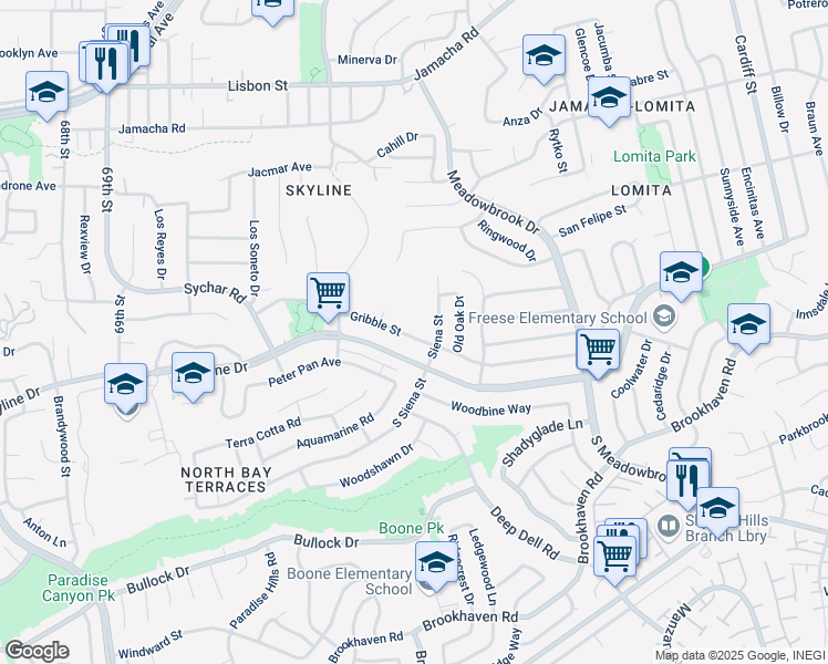 map of restaurants, bars, coffee shops, grocery stores, and more near 7450 Gribble Street in San Diego