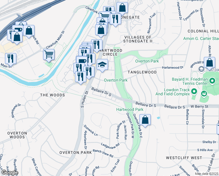 map of restaurants, bars, coffee shops, grocery stores, and more near 4312 Bellaire Drive South in Fort Worth
