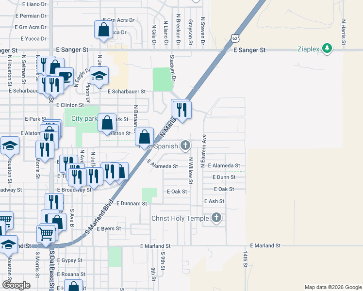 map of restaurants, bars, coffee shops, grocery stores, and more near 1702 East Snyder Street in Hobbs