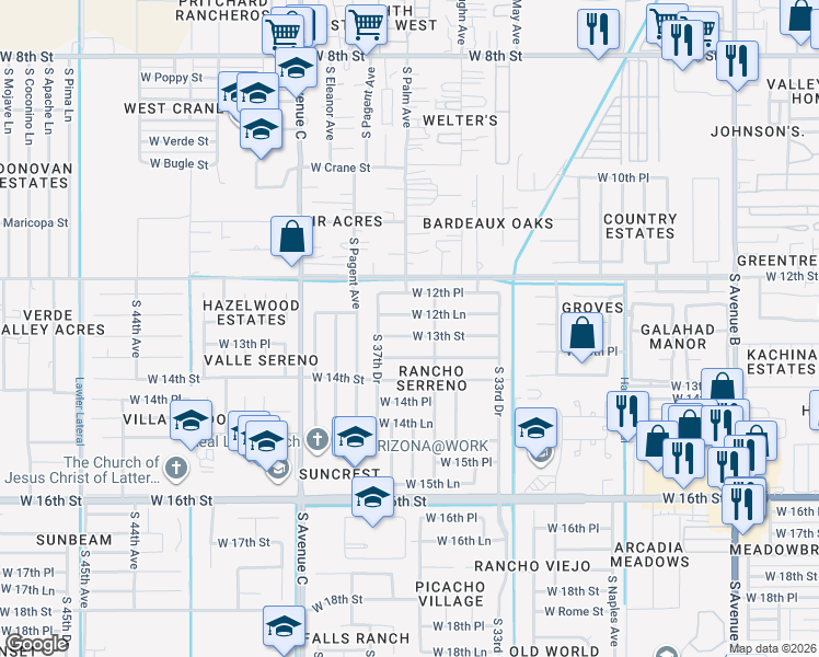 map of restaurants, bars, coffee shops, grocery stores, and more near 3575 West 12th Lane in Yuma