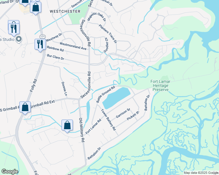 map of restaurants, bars, coffee shops, grocery stores, and more near 1312 Battle Ground Road in Charleston