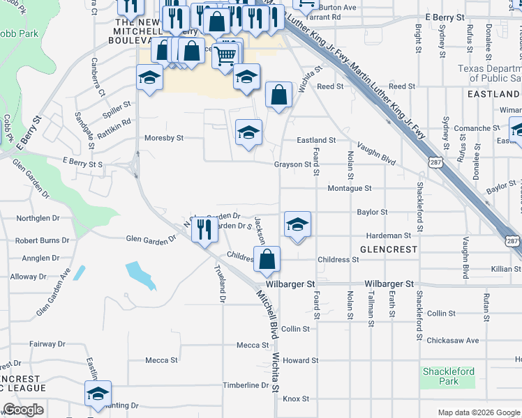 map of restaurants, bars, coffee shops, grocery stores, and more near 3157 North Glen Garden Drive in Fort Worth