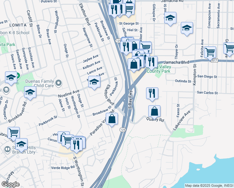 map of restaurants, bars, coffee shops, grocery stores, and more near 534 Broadview Street in Spring Valley