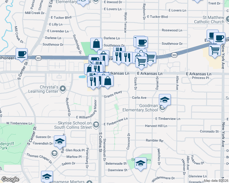 map of restaurants, bars, coffee shops, grocery stores, and more near 1007 Grants Parkway in Arlington