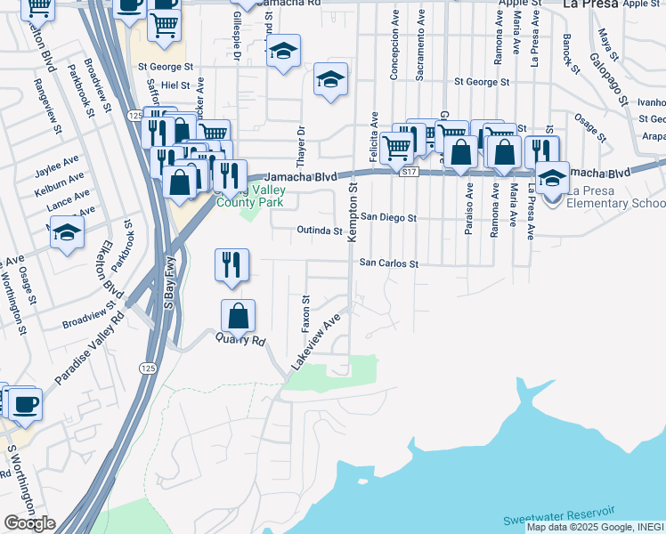 map of restaurants, bars, coffee shops, grocery stores, and more near 9125 Akard Street in Spring Valley