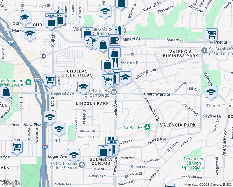 map of restaurants, bars, coffee shops, grocery stores, and more near 1 Euclid Avenue in San Diego