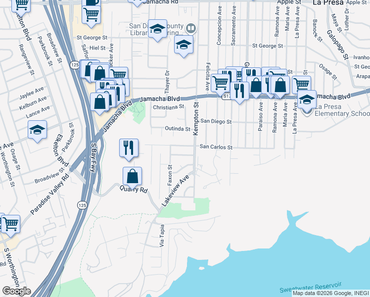 map of restaurants, bars, coffee shops, grocery stores, and more near 9128 Akard Street in Spring Valley