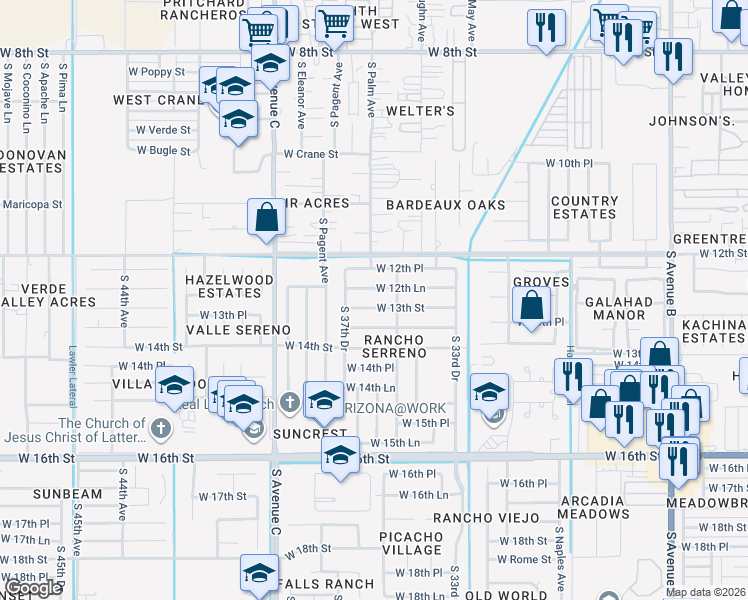 map of restaurants, bars, coffee shops, grocery stores, and more near 3575 West 12th Lane in Yuma