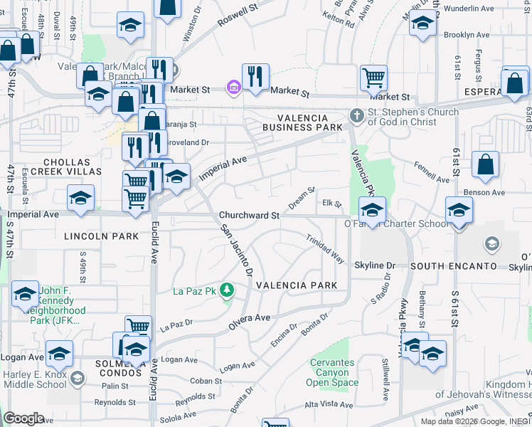 map of restaurants, bars, coffee shops, grocery stores, and more near 5428 Churchward Street in San Diego