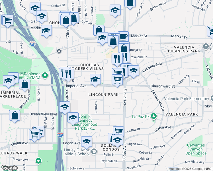 map of restaurants, bars, coffee shops, grocery stores, and more near 120 Willie James Jones Avenue in San Diego