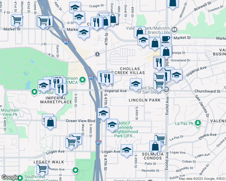 map of restaurants, bars, coffee shops, grocery stores, and more near 102 Escuela Street in San Diego