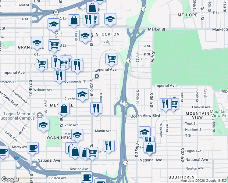 map of restaurants, bars, coffee shops, grocery stores, and more near 3336 Webster Avenue in San Diego