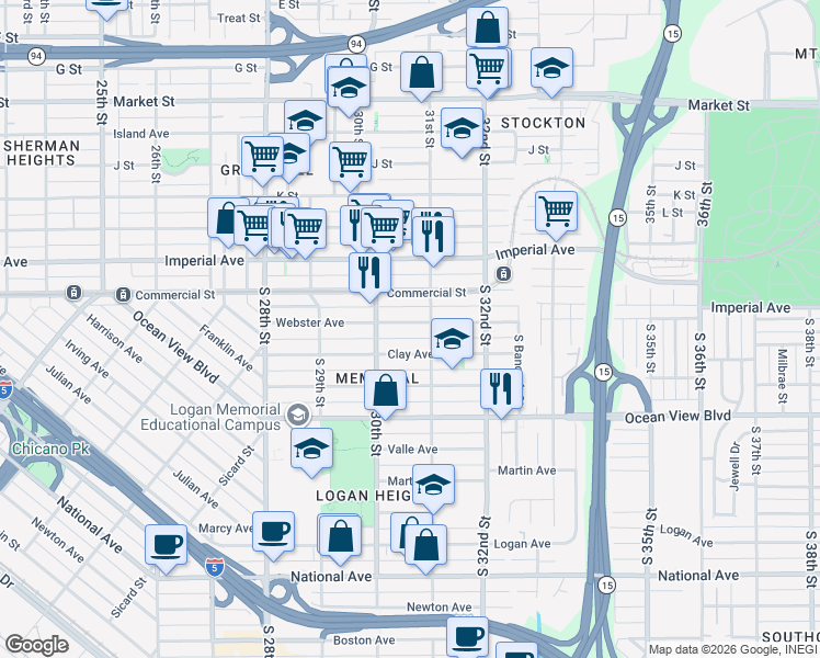 map of restaurants, bars, coffee shops, grocery stores, and more near 3094 Webster Avenue in San Diego