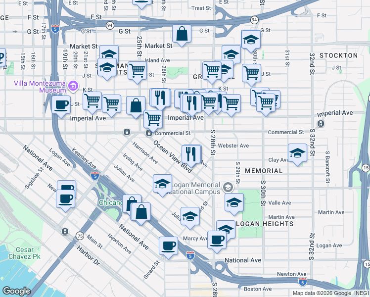 map of restaurants, bars, coffee shops, grocery stores, and more near 2076 Franklin Avenue in San Diego
