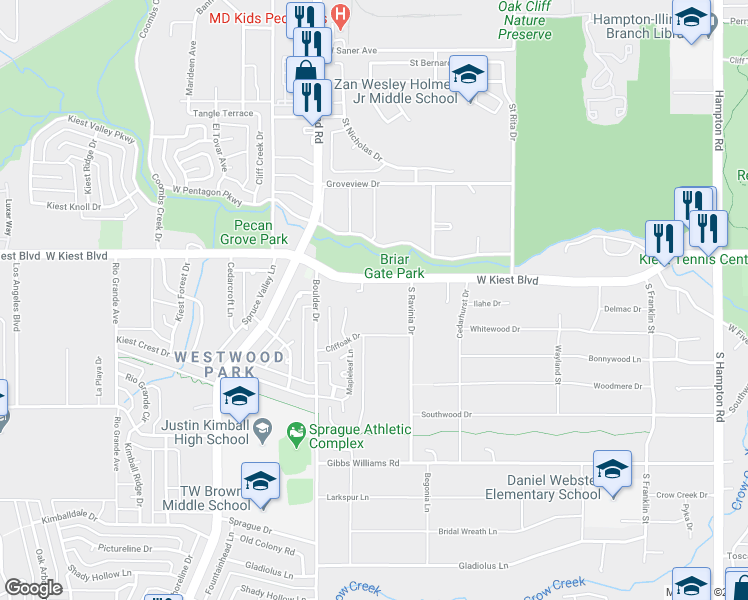 map of restaurants, bars, coffee shops, grocery stores, and more near 3030 West Kiest Boulevard in Dallas