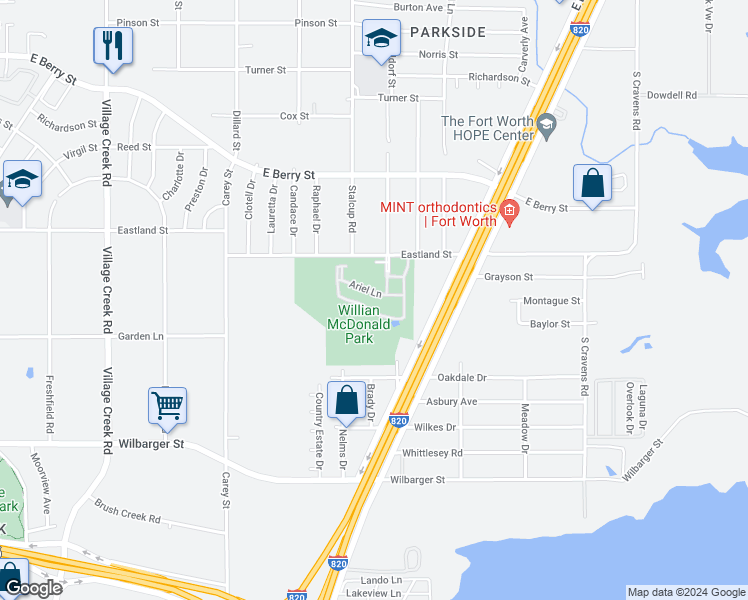 map of restaurants, bars, coffee shops, grocery stores, and more near 5509 Ariel Lane in Fort Worth