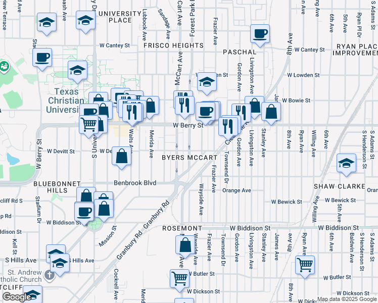 map of restaurants, bars, coffee shops, grocery stores, and more near 3141 McCart Avenue in Fort Worth