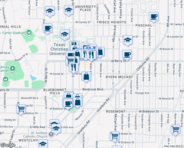 map of restaurants, bars, coffee shops, grocery stores, and more near 3140 Waits Avenue in Fort Worth