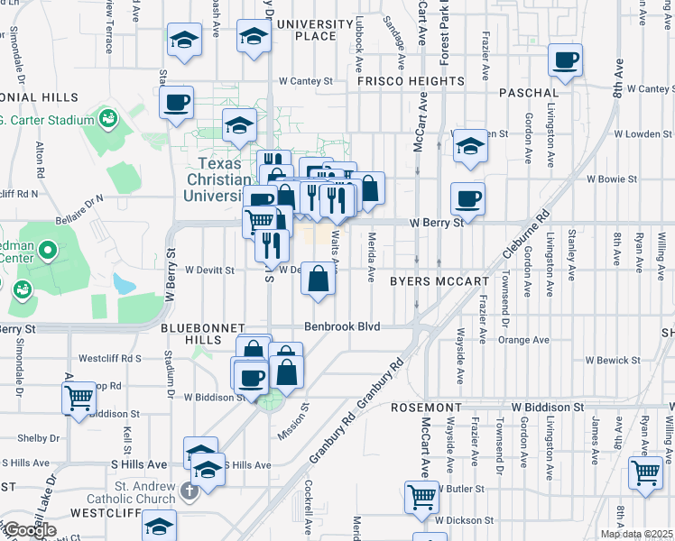 map of restaurants, bars, coffee shops, grocery stores, and more near 3140 Waits Avenue in Fort Worth