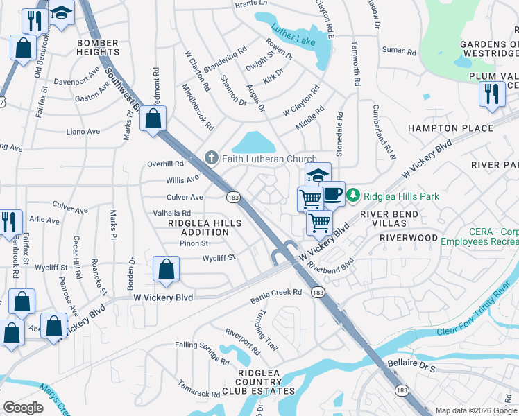 map of restaurants, bars, coffee shops, grocery stores, and more near 4900 Ridglea Hills Court in Fort Worth