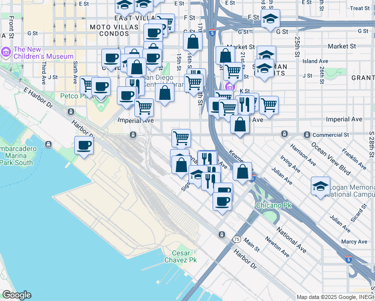 map of restaurants, bars, coffee shops, grocery stores, and more near 1536 National Avenue in San Diego