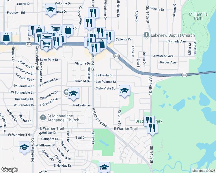 map of restaurants, bars, coffee shops, grocery stores, and more near 1009 Las Palmas Drive in Grand Prairie
