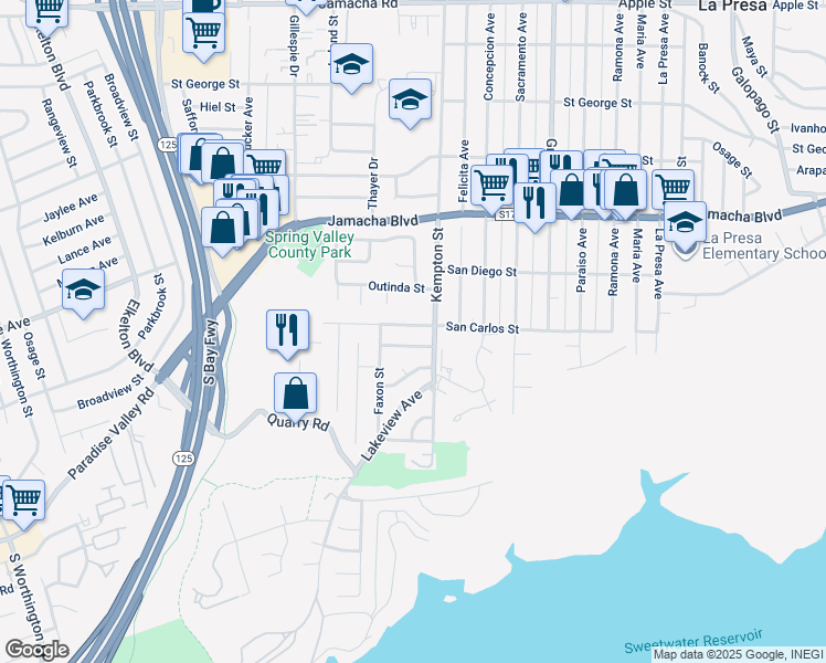 map of restaurants, bars, coffee shops, grocery stores, and more near 9125 Akard Street in Spring Valley