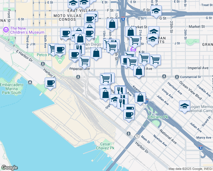 map of restaurants, bars, coffee shops, grocery stores, and more near National Avenue & South 16th Street in San Diego