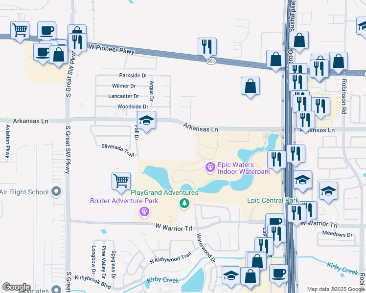 map of restaurants, bars, coffee shops, grocery stores, and more near 2155 Arkansas Lane in Grand Prairie