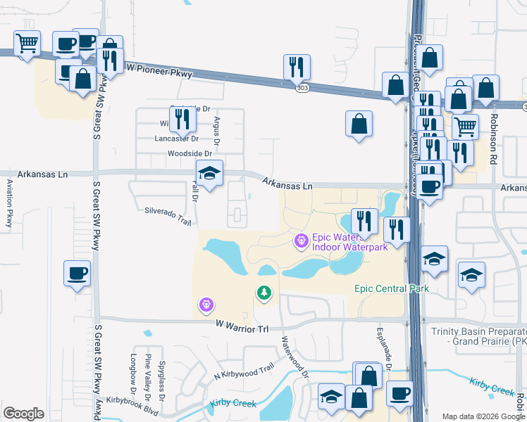 map of restaurants, bars, coffee shops, grocery stores, and more near 2155 Arkansas Lane in Grand Prairie