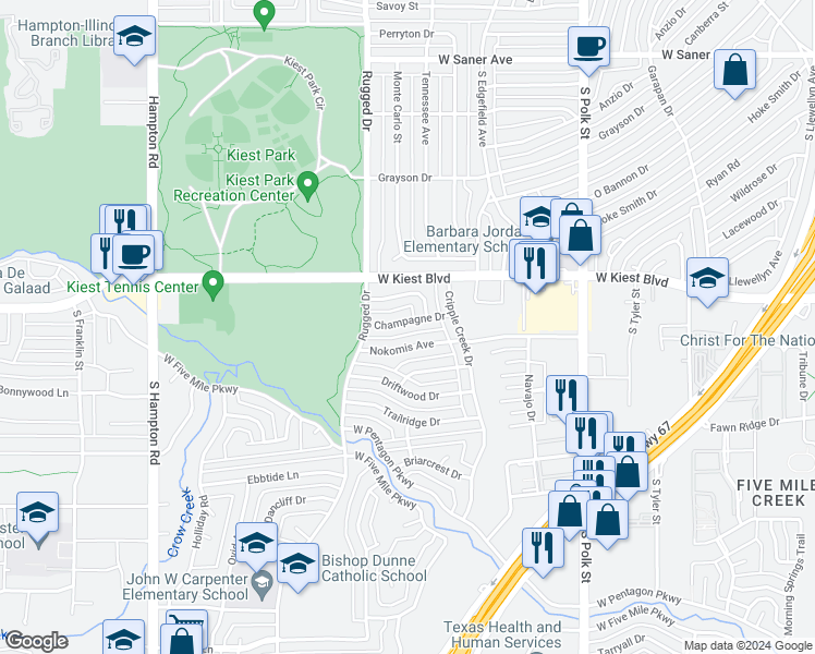 map of restaurants, bars, coffee shops, grocery stores, and more near 1624 Champagne Drive in Dallas