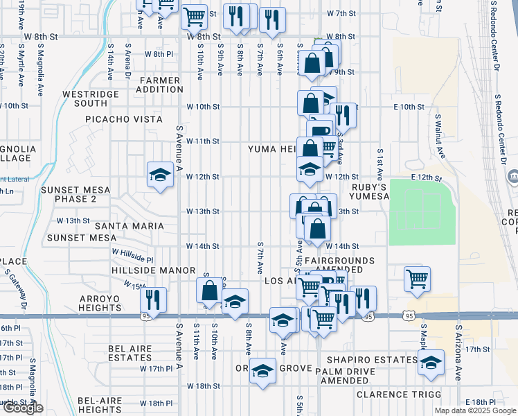 map of restaurants, bars, coffee shops, grocery stores, and more near 1288 South 7th Avenue in Yuma