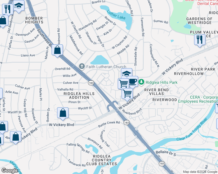 map of restaurants, bars, coffee shops, grocery stores, and more near 4900 Dacy Lane in Fort Worth
